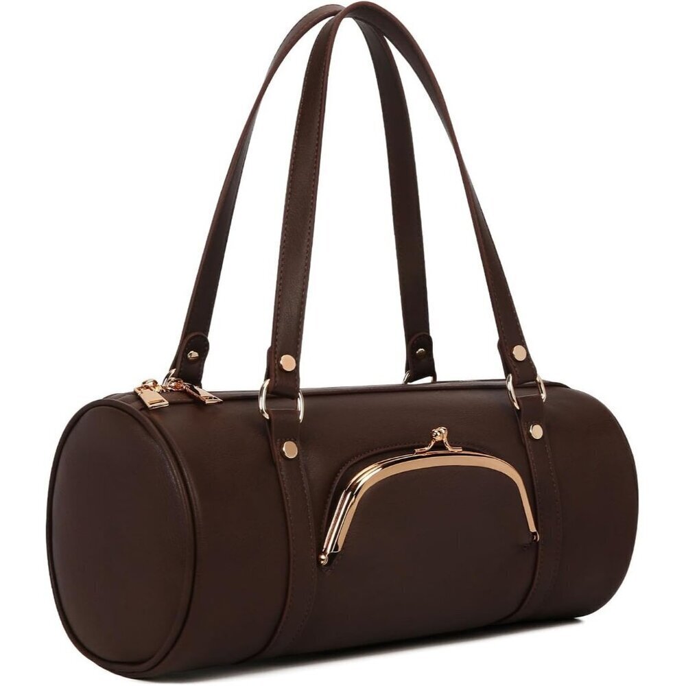 Women Dark Brown Kiss Lock Barrel Bag PU Leather Boston Shoulder Purse